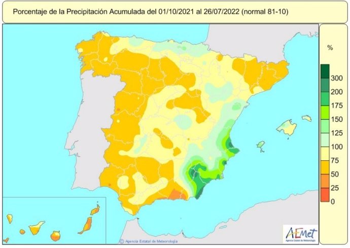 Las lluvias acumuladas en España desde el 1 de octubre de 2021 hasta el 26 de julio de 2022 están un 26% por debajo de lo normal.