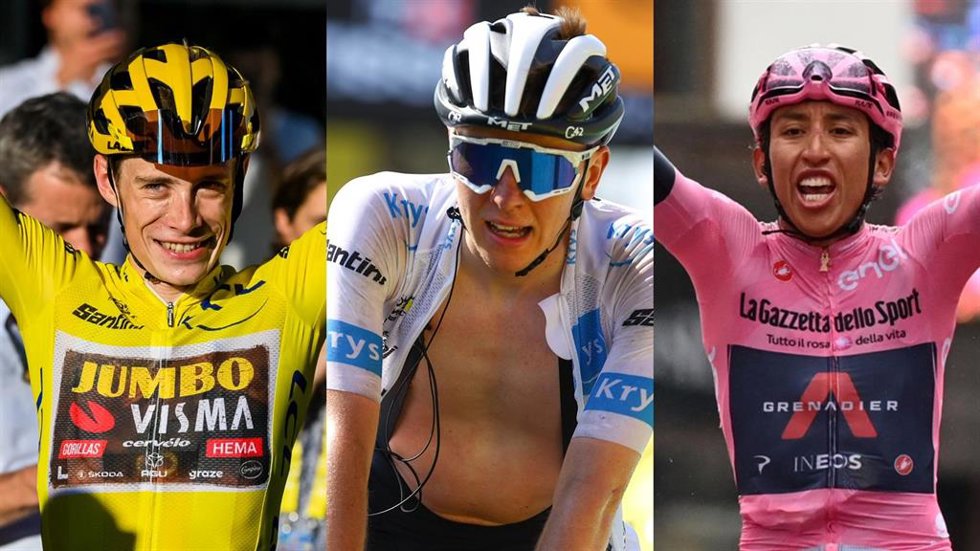 Los ciclistas Jonas Vingegaard, Tadej Pogacar y Egan Bernal.
