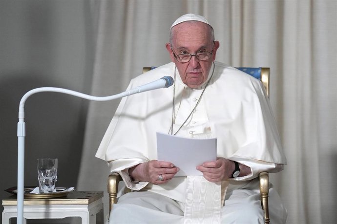 27 July 2022, Canada, Quebec: Pope Francis speaks during the reconciliation ceremony at La Citadelle as part of a papal visit across Canada. Photo: Nathan Denette/Canadian Press via ZUMA Press/dpa
