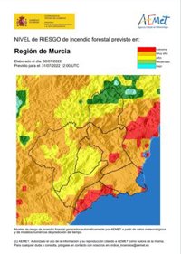 El nivel de riesgo de incendio forestal previsto este sábado es extremo y muy alto en casi toda la Región