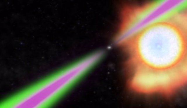 Una estrella de neutrones giratoria hace oscilar periódicamente sus haces de radio (verde) y rayos gamma (magenta) más allá de la Tierra en el concepto de este artista de un púlsar viuda negra.