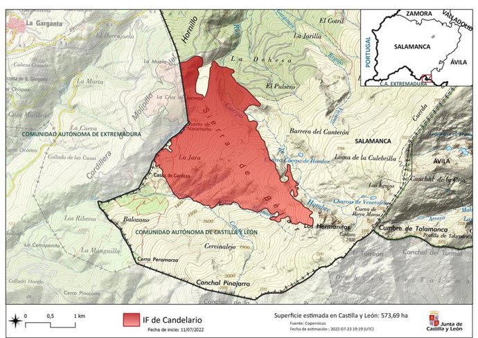 Estimaciones de Copernicus para el incendio de Candelario (Salamanca).