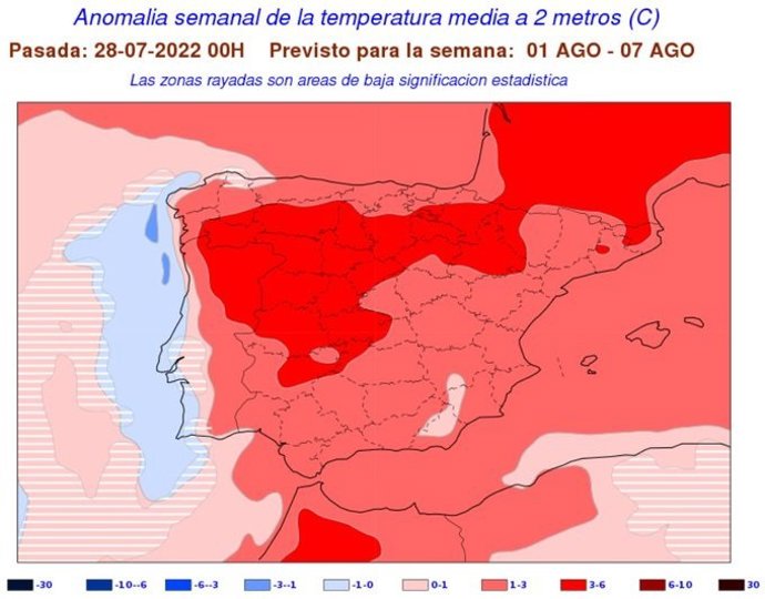 Mapa elaborado por la Aemet sobre la previsión de elevadas temperaturas en CyL en la semana del 1 de agosto