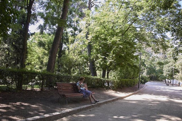 Una señora sentada en un baco del parque Quinta de los Molinos, a 24 de julio de 2022, en el distrito de San Blas-Canillejas, Madrid (España). 