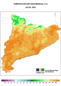Mapa amb la temperatura mitjana mensual al juliol de 2022