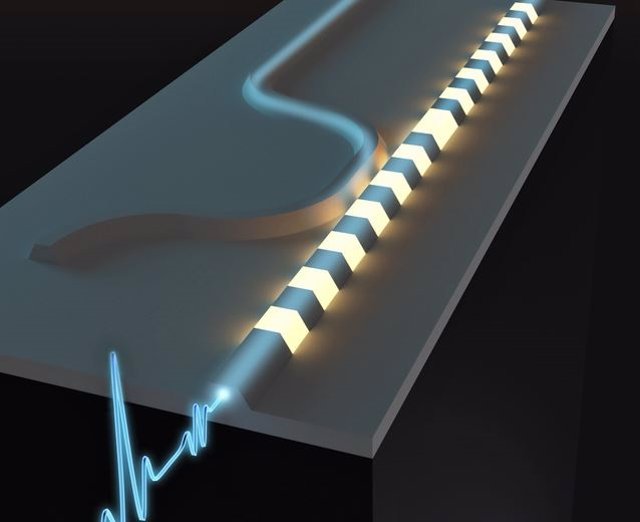 Ilustración de un artista de un interruptor óptico, que divide los pulsos de luz en función de sus energías.