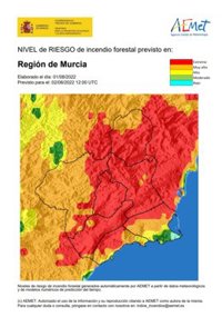 El nivel de riesgo de incendio forestal previsto este martes es muy alto o extremo en toda la Región