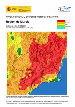 Nivel de riesgo de incendios forestales en la Región de Murcia