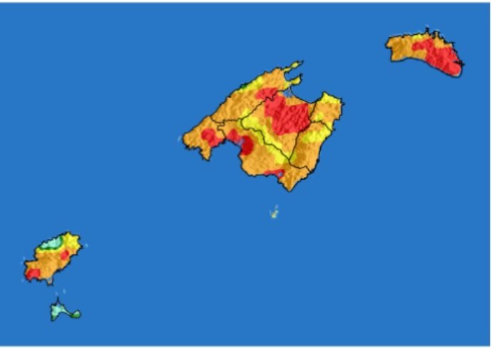 Mapa del nivel de riesgo de incendio forestal previso en Baleares.