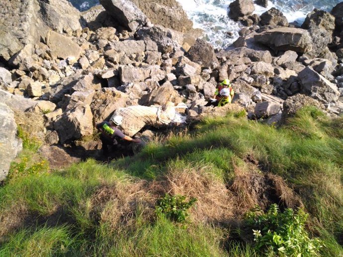 Rescate de la vaca caída en un acantilado en Ruiloba