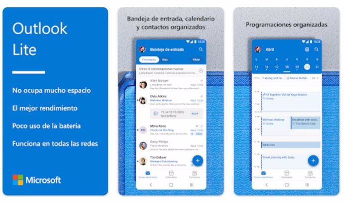 Capturas de la interfaz de la aplicación Microsoft Outlook Lite