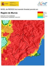 El nivel de riesgo de incendio forestal previsto este miércoles es extremo en casi toda la Región