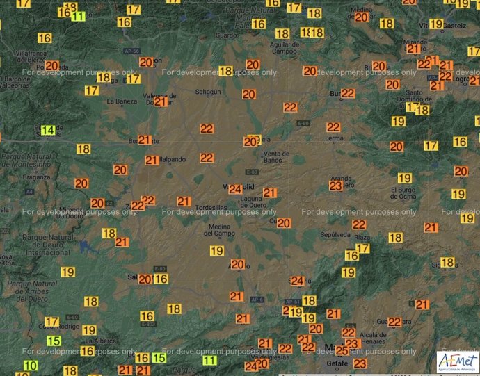 Mapa elaborado por la Aemet sobre las temperaturas registradas en CyL en la noche tropical de este miércoles, 3 de agosto