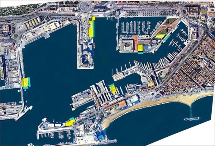 Localización de las bases de los equipos que participarán en la 37 Copa América de Vela en el Puerto de Barcelona (en amarillo) y sus líneas de atraco (en azul)