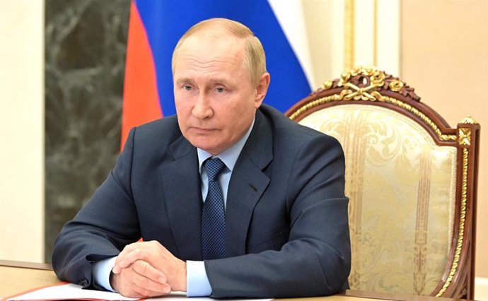 HANDOUT - 28 July 2022, Russia, Moscow: Russian President Vladimir Putin holds a videoconference meeting with the permanent members of the Russian Security Council. Photo: -/Kremlin/dpa - ATTENTION: editorial use only and only if the credit mentioned ab