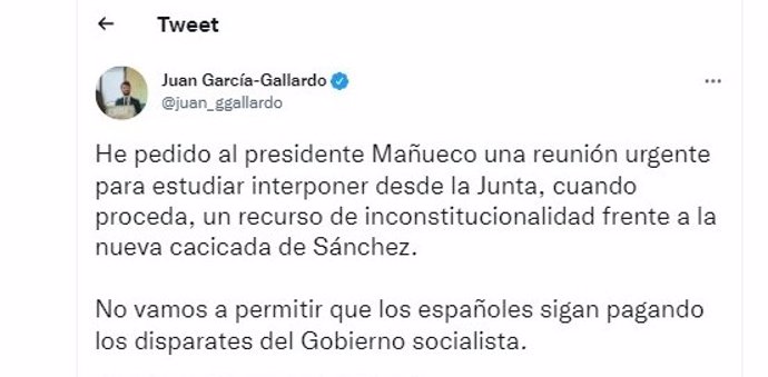 Captura del tuit publicado por el vicepresidente de la Junta para pedir una reunión urgente a Mañueco