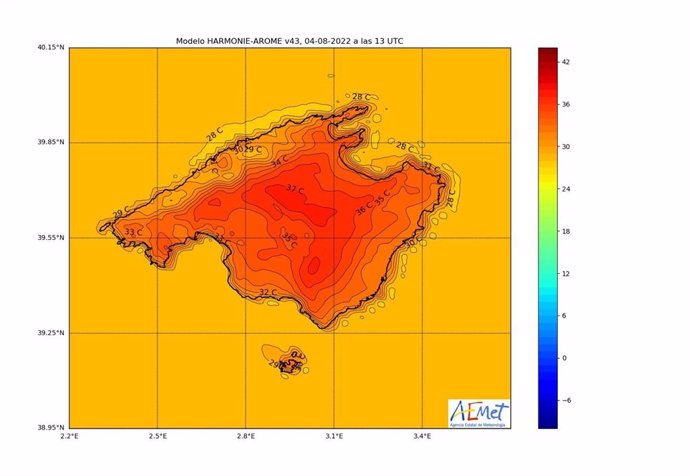 Mapa de temperaturas en Mallorca.