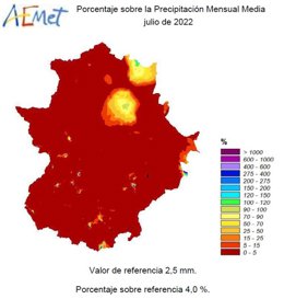 Precipitación mensual media Extremadura julio 2022