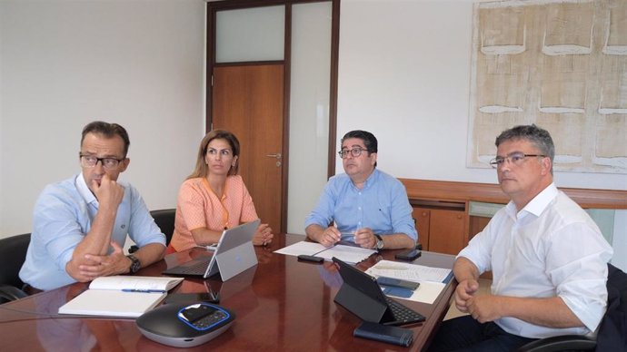 El presidente del Cabildo de Tenerife, Pedro Martín,  el consejero insular de Agricultura, Ganadería y Pesca, Javier Parrilla, y la directora insular de Turismo, Laura Castro, en una reunión mantenida con los representantes de Iberia Express