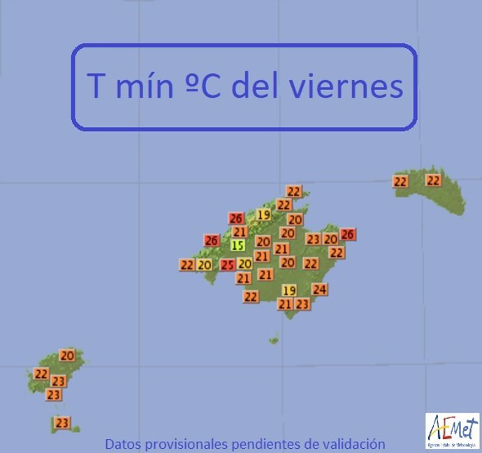 Mapa de temperaturas mínimas de este viernes en Baleares.