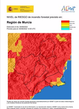 Mapa riesgo incendio en la Región de Murcia