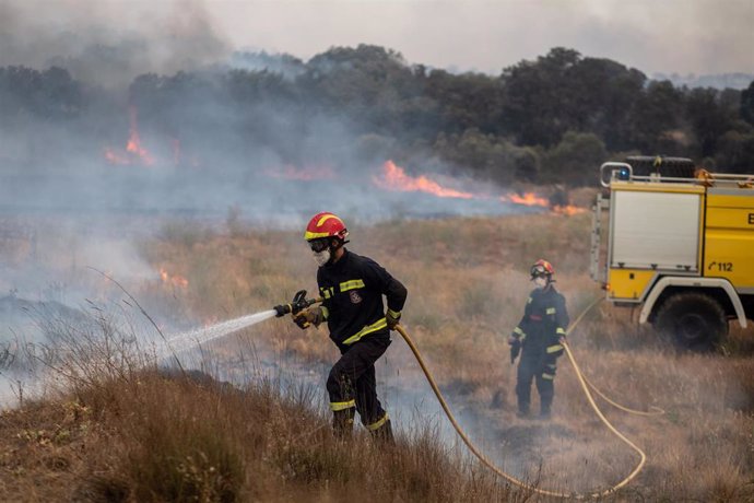 Varios bomberos trabajan en la extinción del fuego del incendio de Losacio, a 18 de julio de 2022, en Pumarejo de Tera, Zamora, Castilla y León (España). El Servicio de Emergencias 112 de Castilla y León ha confirmado hoy el hallazgo del cadáver de un h