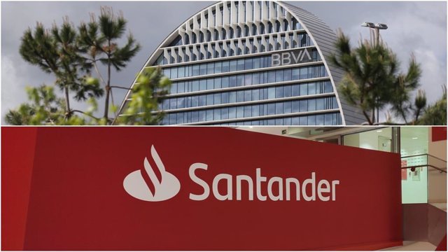 Archivo - Logos de BBVA y Banco Santander