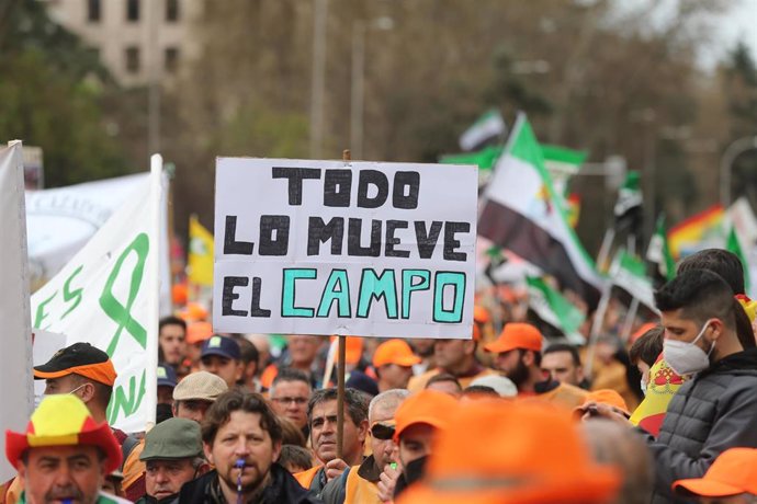 Archivo - Varios manifestantes, con gorras naranjas con una pancarta que reza 'Todo lo mueve el campo', durante la  la marcha por el mundo rural 20M en Madrid 