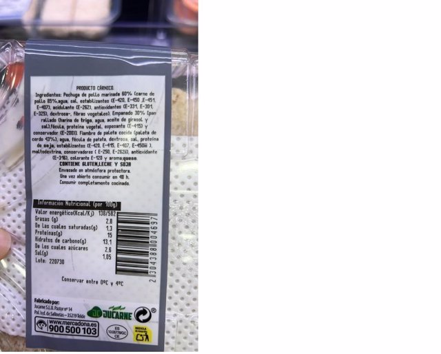 Consumo advierte de la presencia de gluten en 'Cordón Blue Extra' vendido en supermercados de Mercadona en Canarias