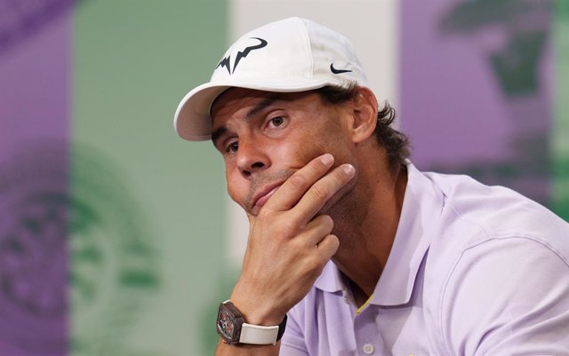 07 July 2022, United Kingdom, London: Spanish tennis player Rafael Nadal attends a press conference to announce his withdrawal due to injury from men's singles semi final match of the 2022 Wimbledon Grand Slam tournament at the All England Lawn Tennis and