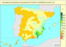 Mapa de lluvias en España en el año hidrológico 2021-2022. La acumulación entre el 1 de octubre de 2021 y el 2 de agosto de 2022 llega al 26%