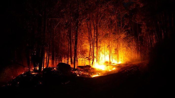 Vista general del incendio, en la parroquia de Saiar, en Caldas de Reis, Pontevedra, Galicia (España). El incendio forestal declarado en la tarde de ayer en el monte Xiabre, en la parroquia de Saiar, en Caldas de Reis (Pontevedra), ha calcinado ya alred