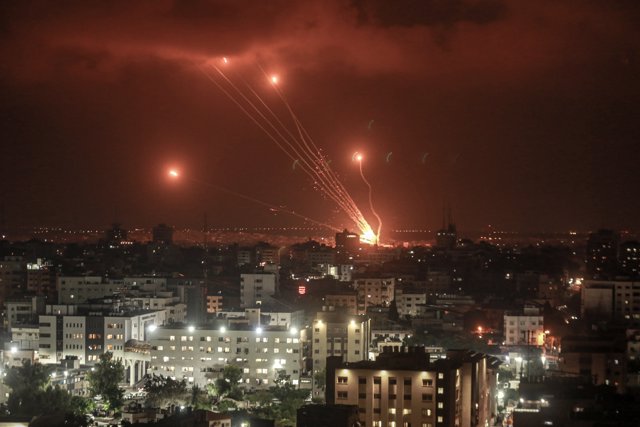 05 August 2022, Palestinian Territories, Gaza City: Rockets are launched from Gaza City, towards Israel.