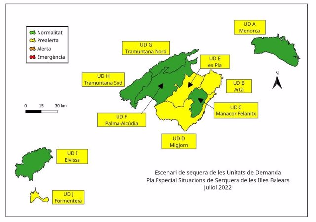 Mapa de reservas hídricas en Baleares.