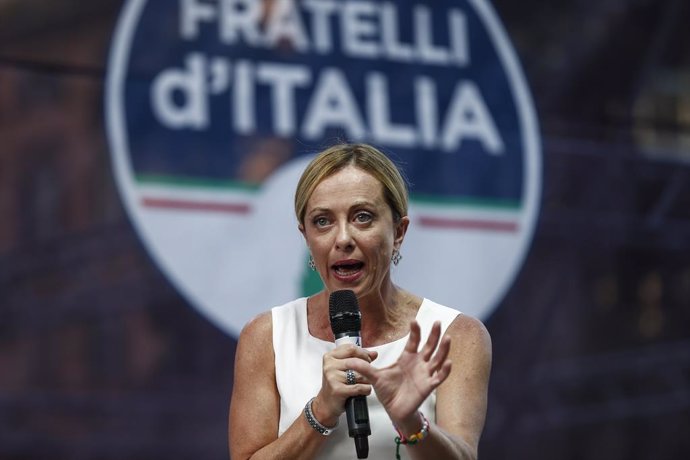 20 July 2022, Italy, Rome: Giorgia Meloni, leader of the right-wing Fratelli d'Italia (Brothers of Italy) party, speaks at a party event.  Meloni said in an interview published Saturday that she is ready for the top office, as Italy charts an uncertain 
