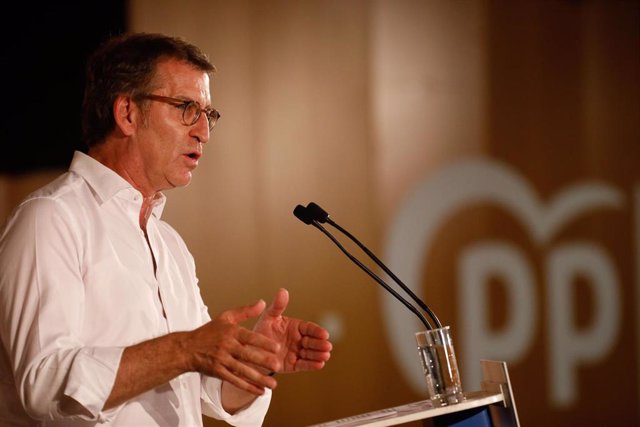 El presidente del Partido Popular (PP), Alberto Núñez Feijóo, interviene durante el XIV congreso del Partido Popular catalán, a 23 de julio de 2022, en Barcelona, Cataluña (España).   