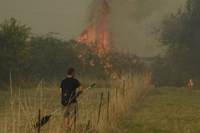Una persona trabaja en la extinción de un incendio en Verín, a 3 de agosto de 2022, en Verín, Ourense, Galicia.