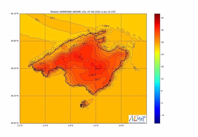 Mapa de temperaturas en Mallorca.