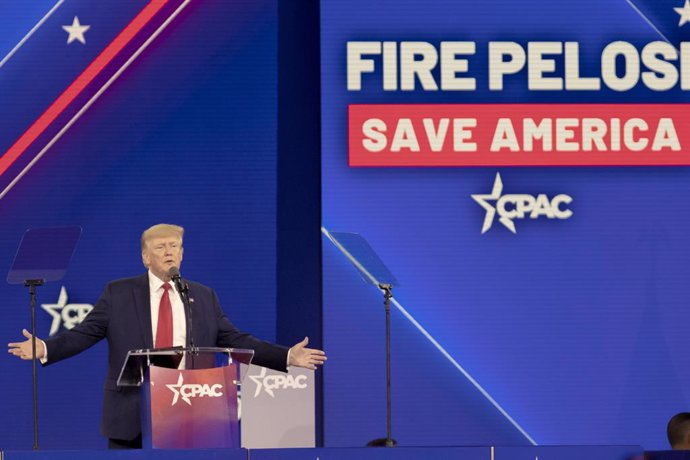 06 August 2022, US, Dallas: Former US President Donald Trump delivers his closing speech at the Conservative Political Action Conference (CPAC) at the Hilton Anatole. Photo: Chris Rusanowsky/ZUMA Press Wire/dpa