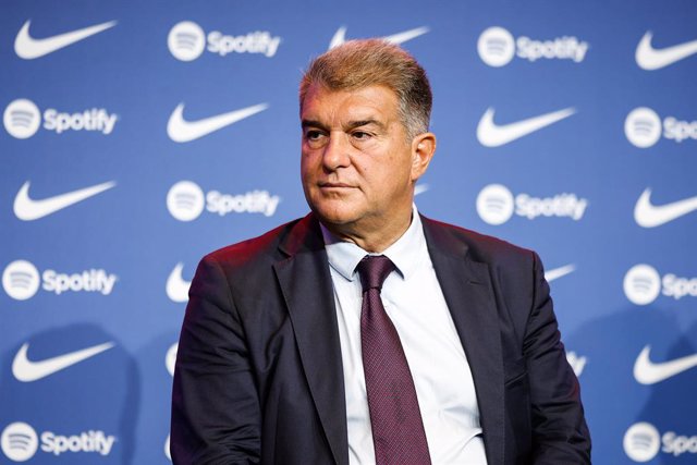 Joan Laporta attends during the press conference after the presentation of Robert Lewandowski as new player of FC Barcelona at the Spotify Camp Nou Stadium on August 5, 2022, in Barcelona, Spain.