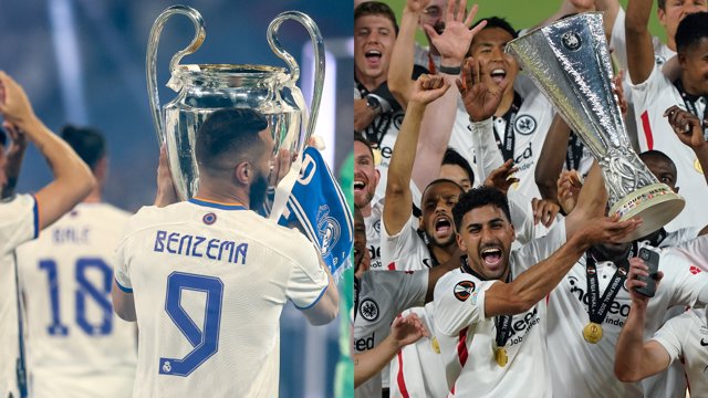 El jugador del Real Madrid Karim Benzema levanta el trofeo de la Champions y el Einracht celebra la Liga Europa.