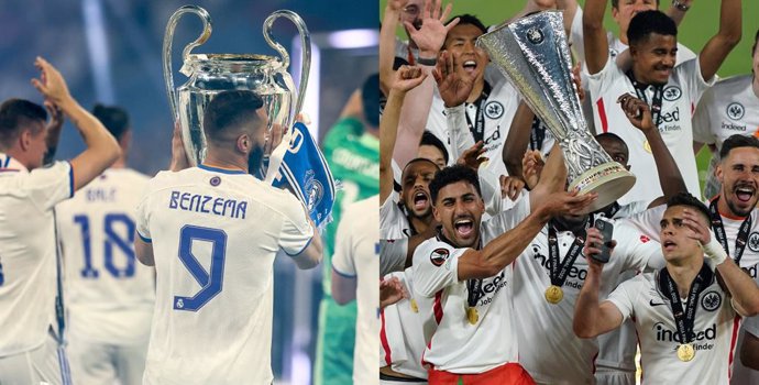 El jugador del Real Madrid Karim Benzema sostiene el trofeo de la Liga de Campeones cosechado en Saint-Denis ante el Liverpool y los jugadores del Eintracht celebran el título de la Europa League.
