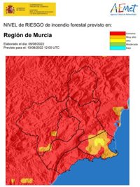 El nivel de riesgo de incendio forestal previsto este miércoles es extremo en la Región, excepto en el litoral este