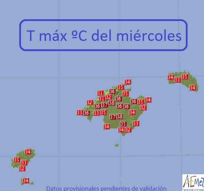 Temperaturas máximas en Baleares a 10 de agosto.