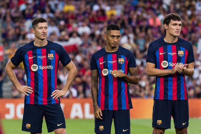 RobertLewandowski, Raphael Dias Raphinha and Andreas Christensen of FC Barcelona  during the Joan Gamper Trophy match between FC Barcelona and Pumas UNAM at Spotify Camp Nou on August 07, 2022 in Barcelona, Spain.