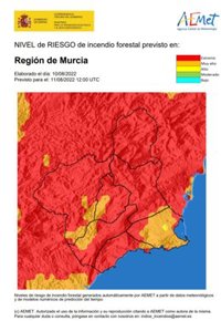 El nivel de riesgo de incendio forestal previsto este jueves sigue siendo extremo en la Región, excepto en el litoral