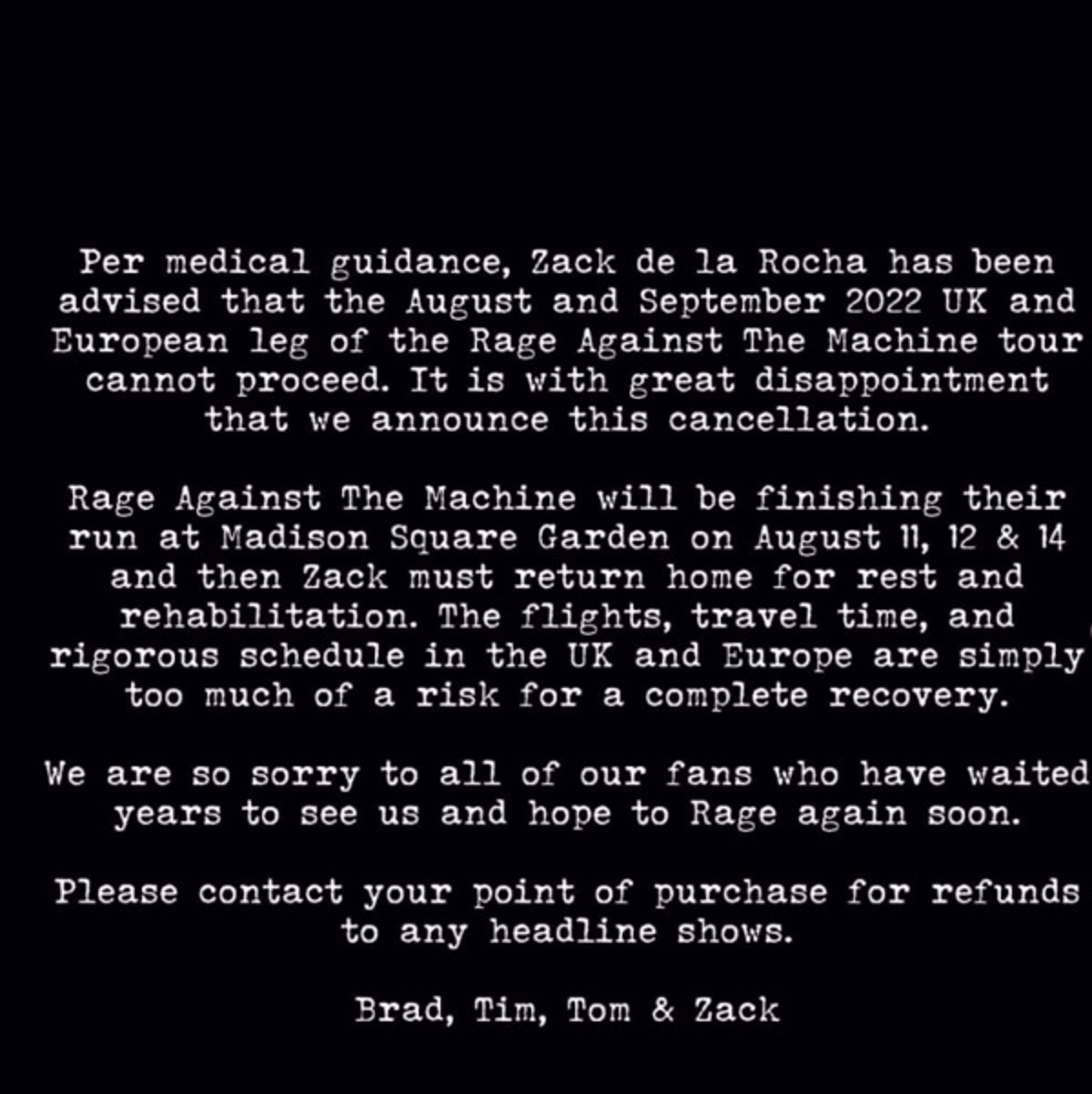 Rage against the machine cancels its European tour due to a medical problem and will not perform at Mad Cool Sunset 2022 in Madrid