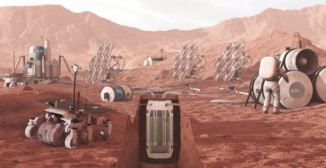 Ilustración de un fotobiorreactor como parte de un sistema de soporte de vida biológica para un hábitat de Marte.
