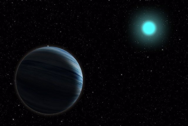Concepto artístico de un planeta del tamaño de Neptuno, a la izquierda, alrededor de una estrella azul tipo A.