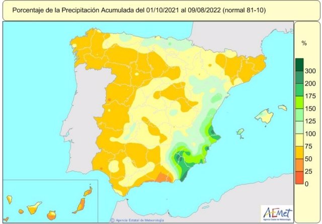 Distribución de las lluvias recogidas en España del 1 de octubre de 2021 hasta el 11 de agosto de 2022